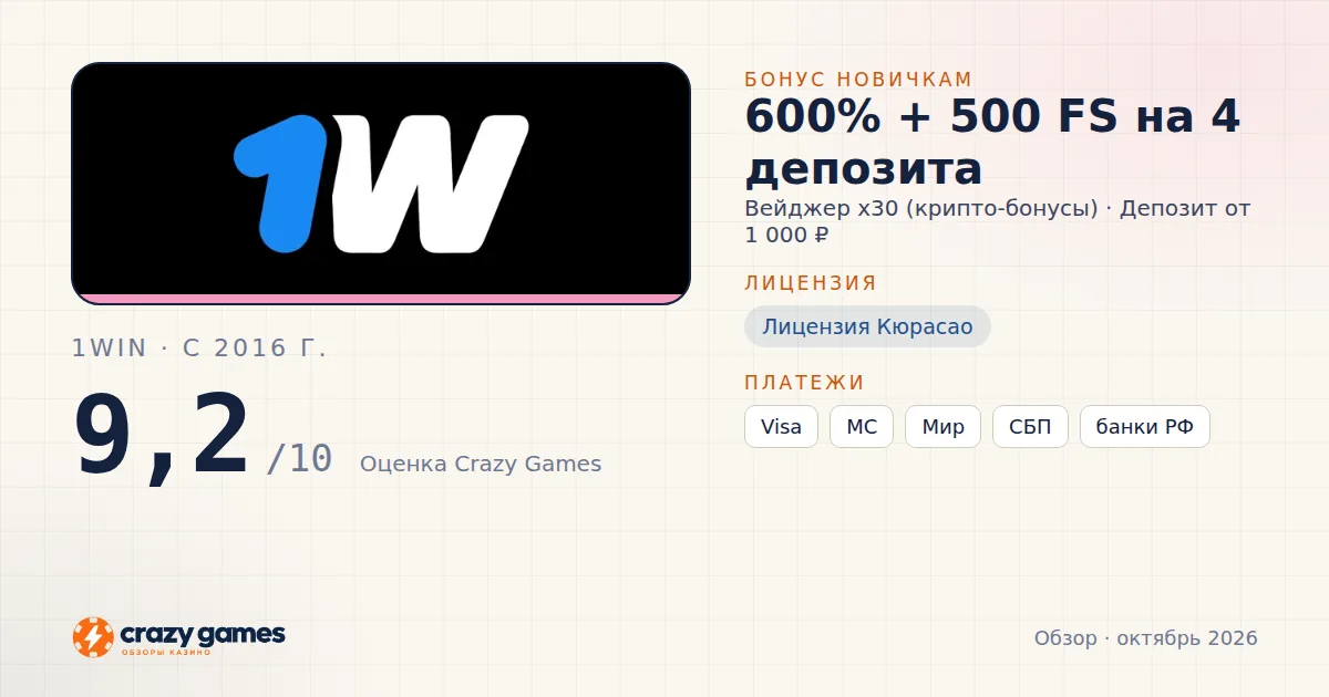1win: бонус, лицензия и условия вывода. Карточка Crazy Games, октябрь 2026