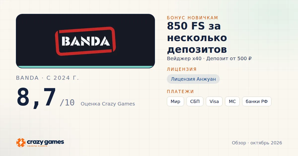 Banda: бонус, лицензия и условия вывода. Карточка Crazy Games, октябрь 2026
