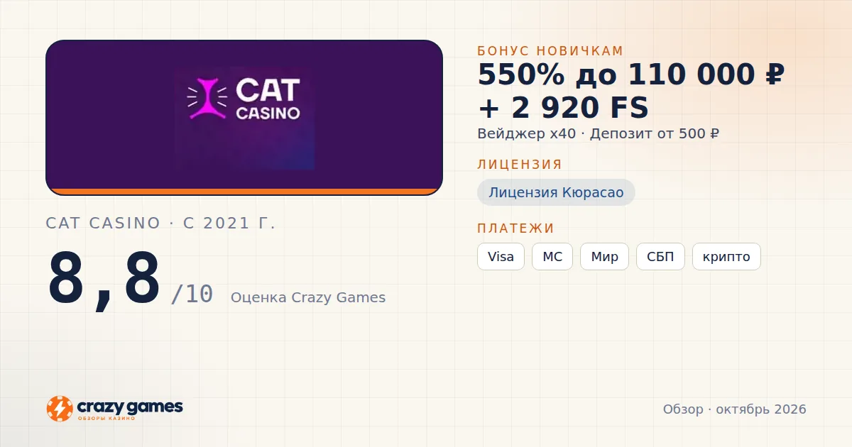 Cat Casino: бонус, лицензия и условия вывода. Карточка Crazy Games, октябрь 2026