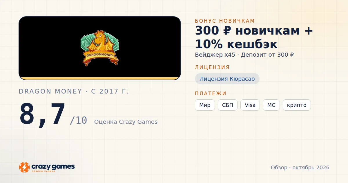 Dragon Money: бонус, лицензия и условия вывода. Карточка Crazy Games, октябрь 2026