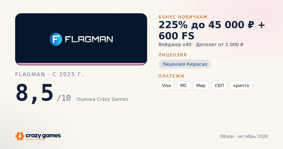 Flagman: бонус, лицензия и условия вывода. Карточка Crazy Games, октябрь 2026