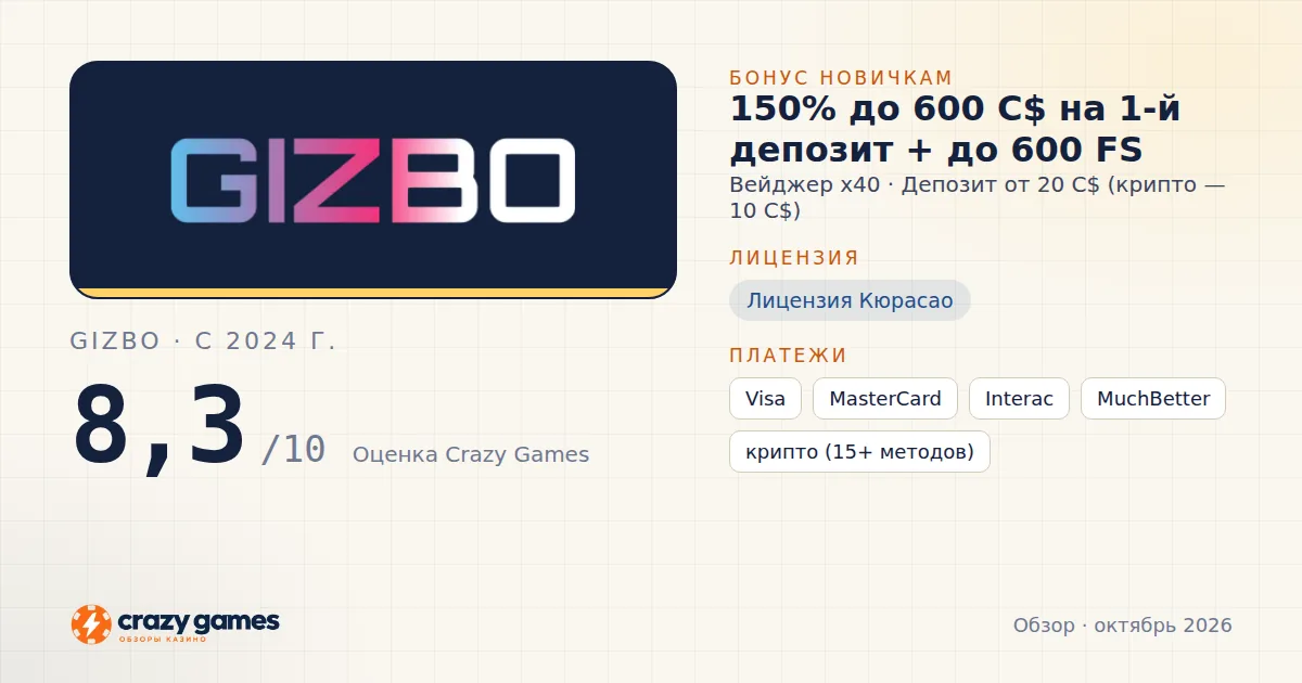 Gizbo: бонус, лицензия и условия вывода. Карточка Crazy Games, октябрь 2026