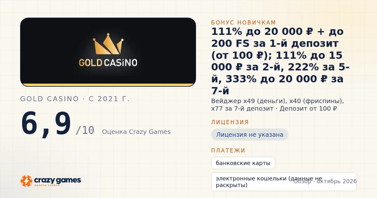 Gold Casino: бонус, лицензия и условия вывода. Карточка Crazy Games, октябрь 2026