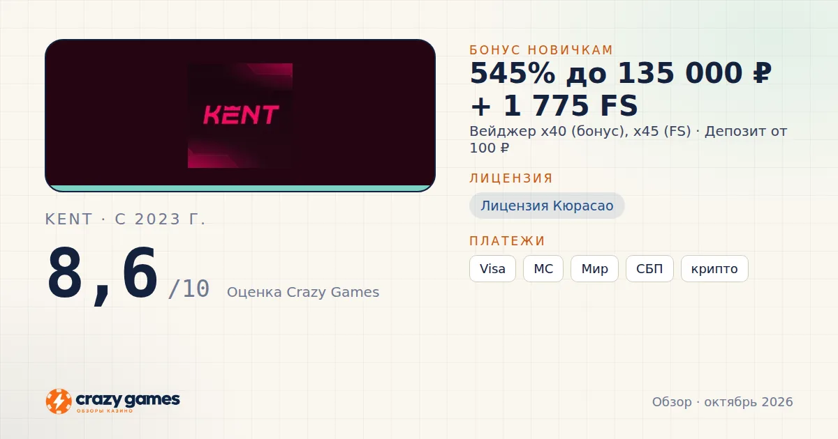 Kent: бонус, лицензия и условия вывода. Карточка Crazy Games, октябрь 2026
