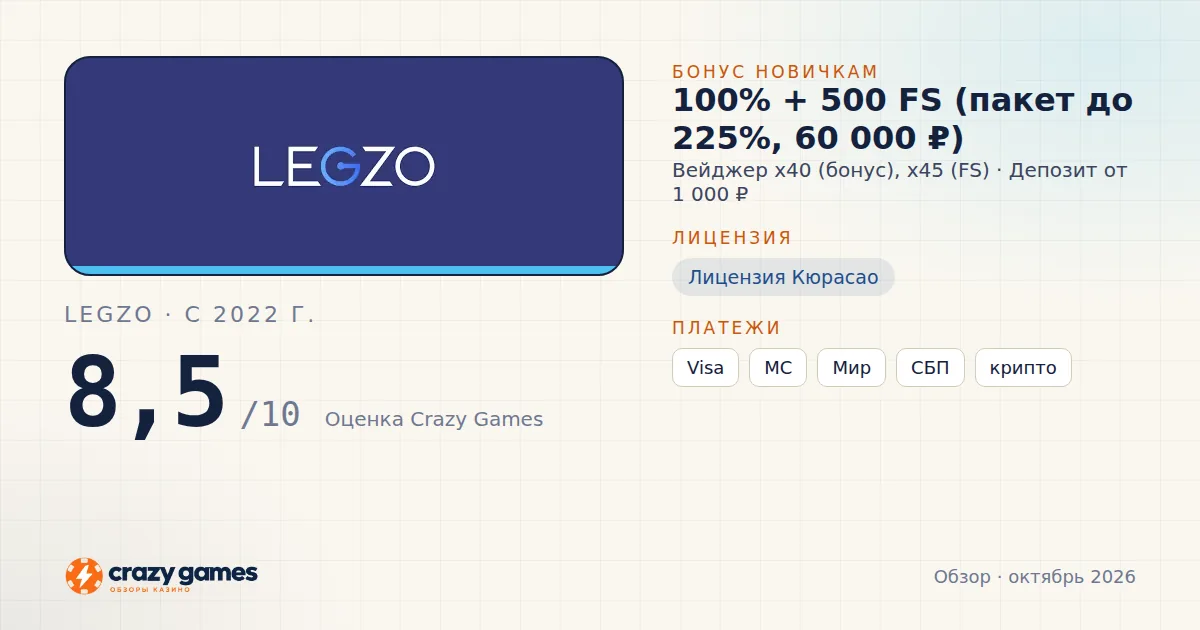 Legzo: бонус, лицензия и условия вывода. Карточка Crazy Games, октябрь 2026