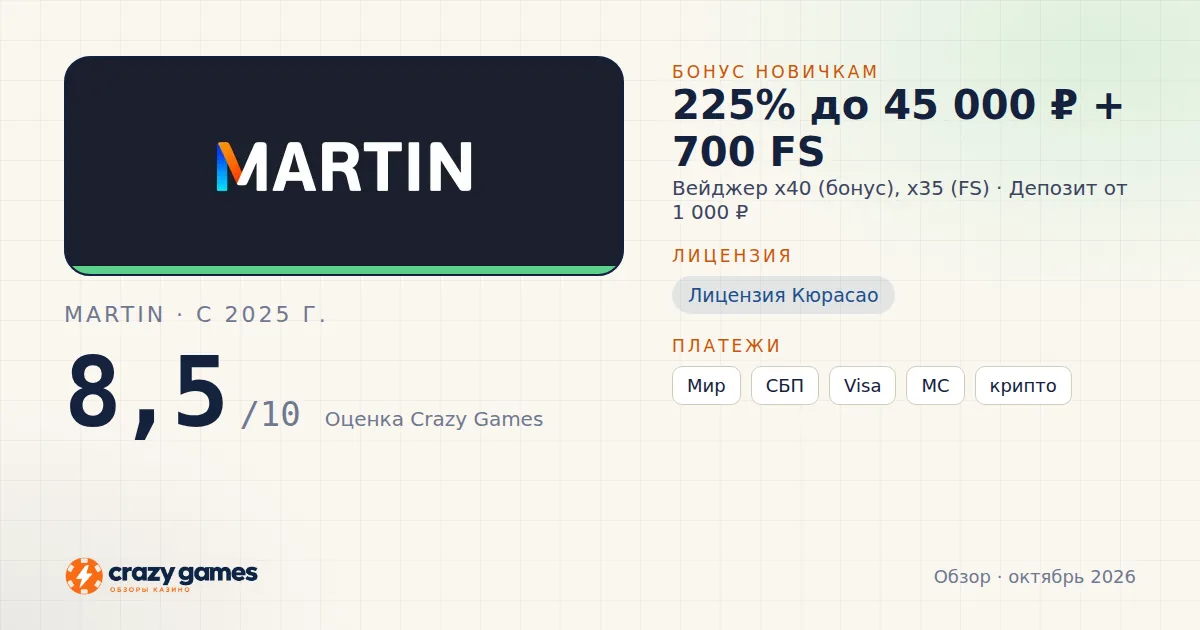 Martin: бонус, лицензия и условия вывода. Карточка Crazy Games, октябрь 2026
