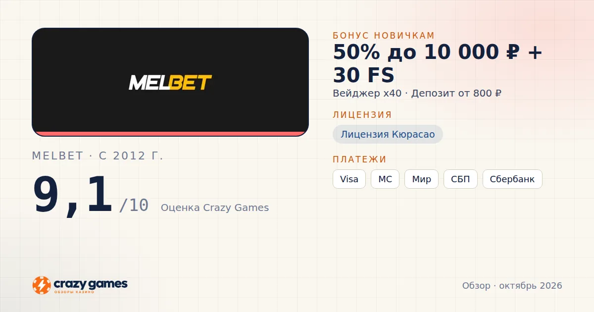 Melbet: бонус, лицензия и условия вывода. Карточка Crazy Games, октябрь 2026