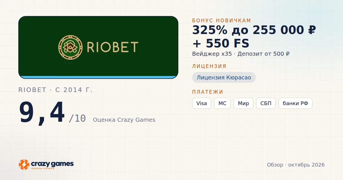 Riobet: бонус, лицензия и условия вывода. Карточка Crazy Games, октябрь 2026