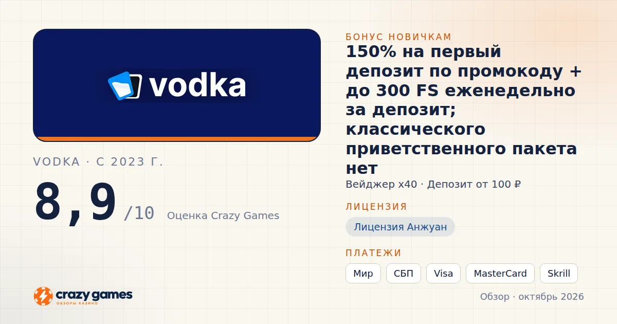 Vodka: бонус, лицензия и условия вывода. Карточка Crazy Games, октябрь 2026