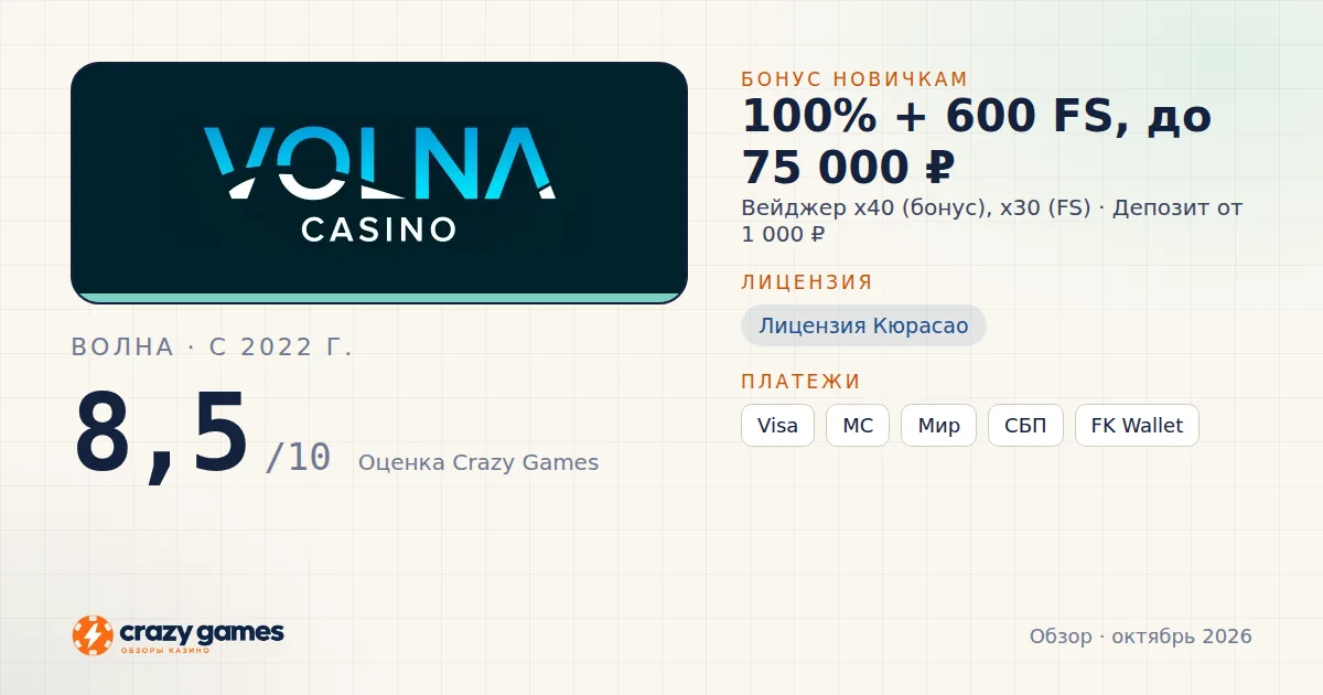 Волна: бонус, лицензия и условия вывода. Карточка Crazy Games, октябрь 2026