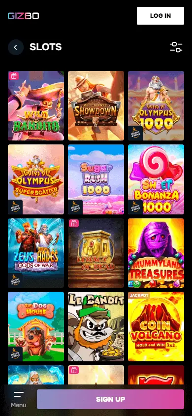Каталог игр Gizbo (мобильная версия)