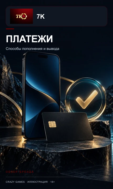 Платежи в 7K Casino: пополнение и вывод только на реквизиты на своё имя.